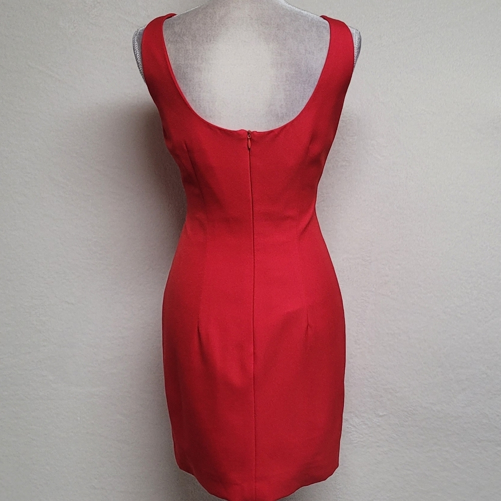 Deborah Laws Vintage Red Crepe Gold Rhinestone Bow Brooch Bodycon Mini Dress 2 - Picture 7 of 11